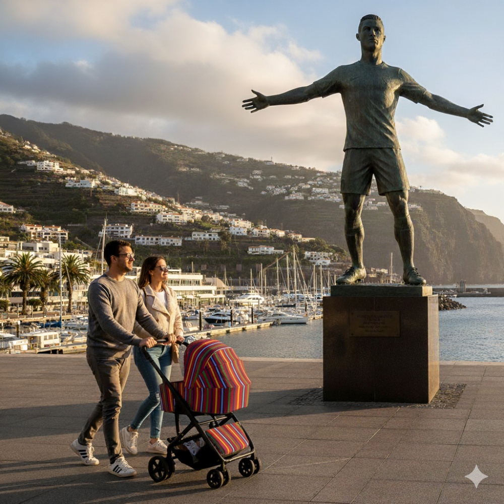 A family walking with one of our strollers along the Funchal seafront